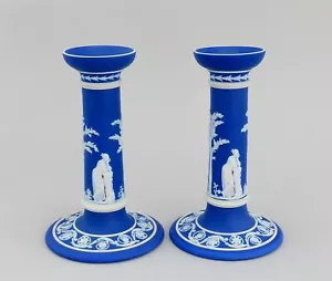 Wedgwood Jasperware Blue Pair Candlesticks Classical Greek Figures 7 1/4" - Picture 1 of 10
