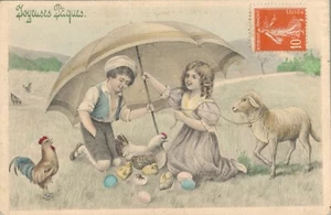 Frohe Ostern Kinder mit Ostereiern, Lamm, Küken und Huhn Postkarte 03.34 - Bild 1 von 2