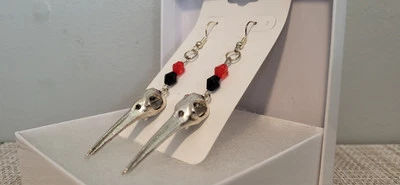 Earrings Hummingbird Skulls Black And Red. Costume Jewelry. Nickel Free - Image 1 of 4