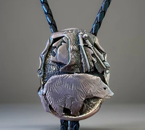 Dan Nieto Zuni Signed Native American Silver Bolo Pendant 40.2g Bear & Warrior - Picture 1 of 14