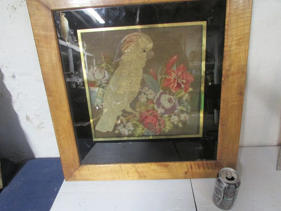 early americana needlework of bird with wool and silk stitching - Image 1 of 4