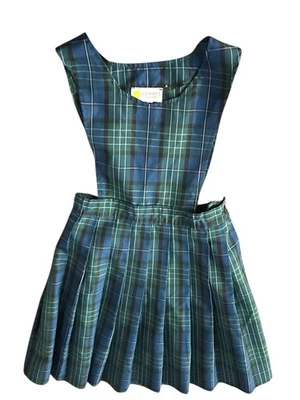 💙 Camiseta xadrez uniforme feminino Dennis tamanho 7 verde azul plissada Pinafore feita nos EUA - Imagem 1 de 4