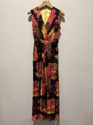 Vintage 60s 70s Psychedelic Jumpsuit  Medium Mod Floral Bell Bottom Pink Orange - Image 1 of 4