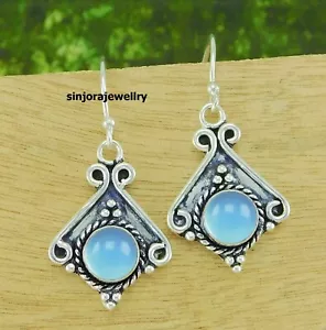 Pendientes colgantes hechos a mano de plata de ley 925 con piedras preciosas de calcedonia azul - Imagen 1 de 4