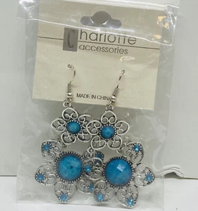 New Woman’s Earrings Retro Flower Shaped Blue Single Pair Fashion Jewelry 2” In - Picture 1 of 4