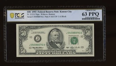 DBR 1993 $50 FRN Kansas City Fr. 2125-J PCGS-B 63 PPQ Serial J04088076A - Image 1 of 2