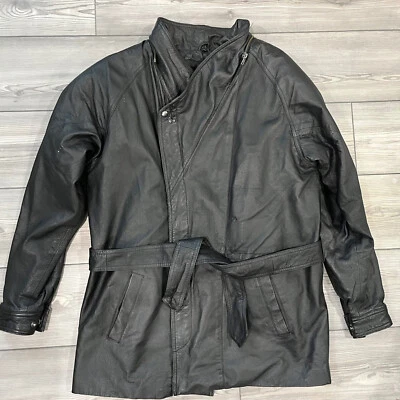 Black Leather Mid Length Jacket Coat Belted Women's Sz Small Zip Faux Fur Lined - Image 1 of 4