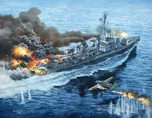 "Trial by Fire" Tom Freeman Naval Print - U.S.S. Laffey off Okinawa 1945 - Picture 1 of 1