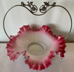 Antiker viktorianischer Brautkorb Cranberry gekräuselt Rüschen Schale Silber Teller - Bild 1 von 11