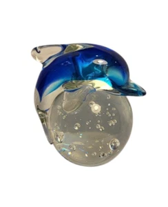 Vintage Handmade Art Glass Two Tone Blue Dolphin Ball Paperweight Murano Style - Picture 1 of 10