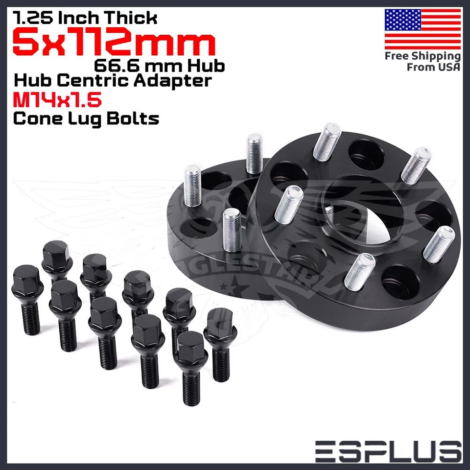 2x 1.25" Mercedes 5x112 66.6mm Hub Centric Wheel Adapter Spacer M14x1.5 Stud - Image 1 of 4