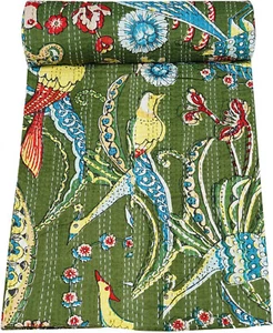 Indian Handmade Floral Vintage Kantha Quilts Bedspread Throw Cotton Blanket - Picture 1 of 69