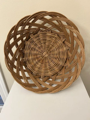 Vintage Large 13.5”D Round Basket Rattan Natural Brown Country Farmhouse Kitchen - Image 1 of 4