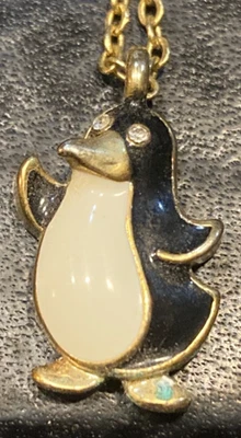 vtg Penguin with Rhinestone Eyes Pendant black white Necklace gold tone  - Image 1 of 4