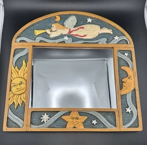 Vintage Small Hang Framed Mirror Sun Moon & Stars Style Angel Trumpet ☀️ 🌙 ⭐️ - Picture 1 of 13