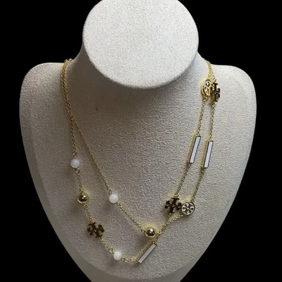 Novo com etiquetas Autêntico Colar Rosário Disperso TORY BURCH Kira Marfim/Ouro com Bolsa de Pó - Imagem 1 de 4