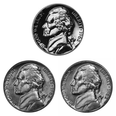 1962 P D P Jefferson Nickel Year set Proof & BU 3 Coin Set - Image 1 of 2