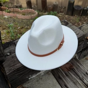 Women Fashion Flat Wide Fedora Hat with Belt Buckles Flat Top Hat White - Picture 1 of 2