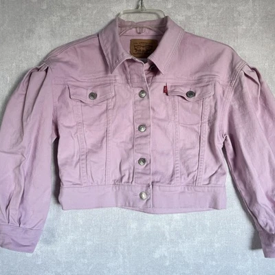 Chaqueta Levis Niñas Mediana 10 12 Rosa Recortada Denim Manga Abullonada Abotonada Foto 1 de 4