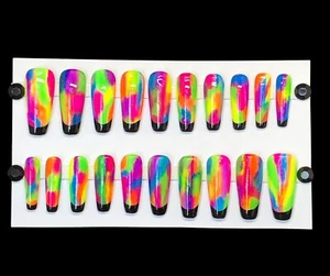 Handmade Custom Press On Nails UV Gel Long Coffin Neon Nails Black French Tip - Picture 1 of 7