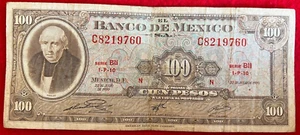 1970 Mexico 100 Pesos Miguel Hidalgo Banknote Paper Money ABN SERIE BII C8219760 - Picture 1 of 2
