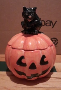 Fitz & Floyd Halloween Candy Jar W Lid  Black Cat Jack O Lantern Pumpkin 1988 - Picture 1 of 6
