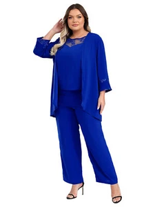 Women 3 Pieces Mother of The Bride Pants Suit Chiffon Jacket Lace Wedding Outfit - Picture 1 of 52
