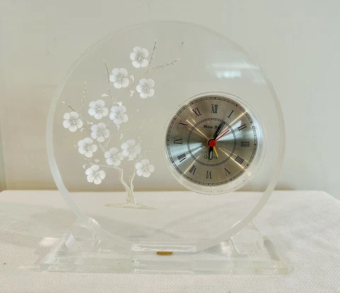 Vintage Le Claire 3D Etched Lucite Acrylic Cherry Blossoms Clock Working 8” Cover