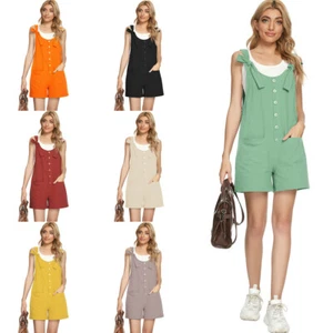 Women Playsuit Cotton Linen Shorts Overalls Dungarees Pocket Jumpsuit Buttons - Picture 1 of 43