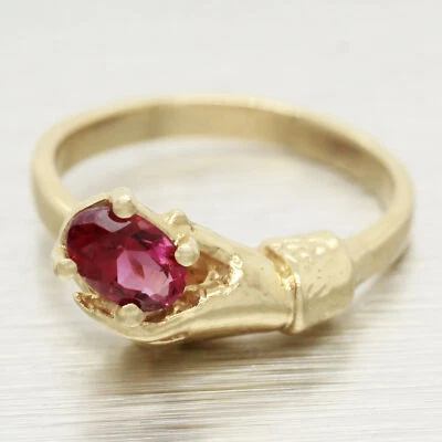 Vintage Oval Pink Tourmaline in Hand Ring - 14k Yellow Gold Setting - Size 6 - Image 1 of 4