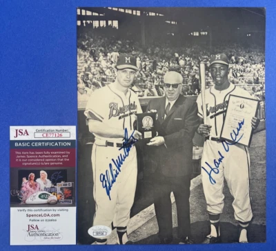 Hank Aaron & Eddie Mathews Signed 8x10 Photo Milwaukee Braves JSA COA CE77126 - Image 1 of 4