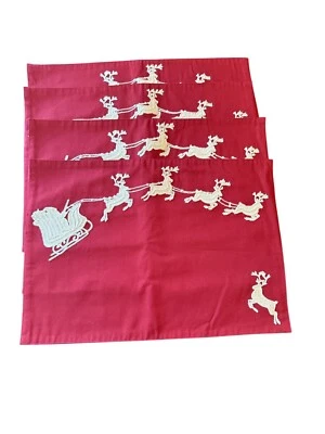 Set Of 4 Red Cotton Embroidered Christmas Placemats Santa Sleigh & Reindeer - Image 1 of 4