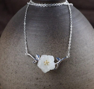 I05 Collier Argento Sterling 925 Ramoscello Con Fiore Di Bianca Giada - Immagine 1 di 4