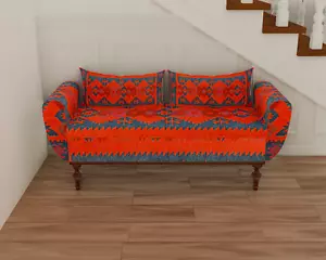 Red Blue Contemporary Kilim Pattern Armed Storage Bench Sofa without Back - Picture 1 of 9
