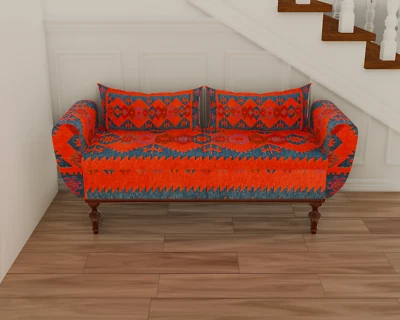 Red Blue Contemporary Kilim Pattern Armed Storage Bench Sofa without Back - Image 1 of 4