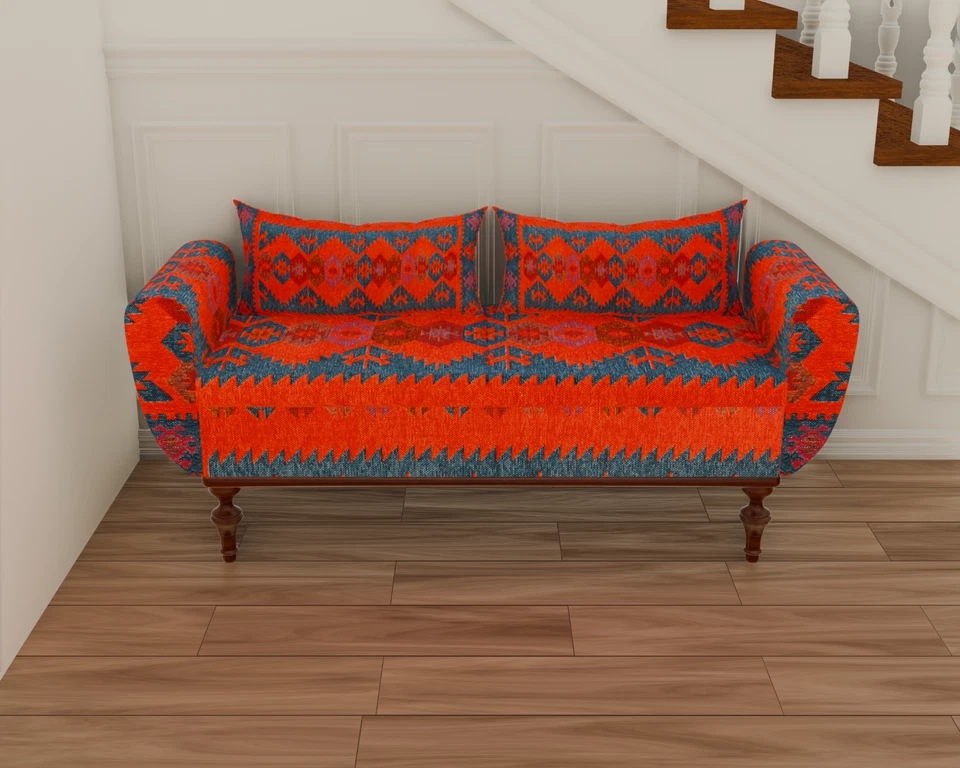 Red Blue Contemporary Kilim Pattern Armed Storage Bench Sofa without Back - Image 1 of 4