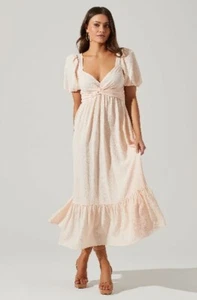ASTR the Label Tie Peach Cream Puff Sleeve Midi Dress Size M NWT - Picture 1 of 8