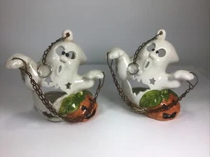 Pair Halloween Hanging Ceramic Ghost and Pumpkin Tealight Votive Candle Holder - Picture 1 of 12