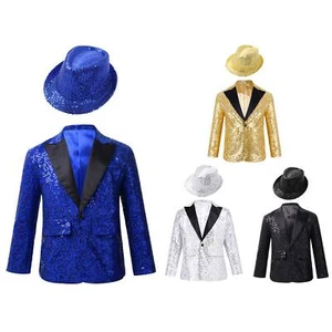 Kids Boys Shiny Lapel Jacket Glitter Blazer Banquet Party Formal Suit with Hat - Picture 1 of 56