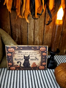 VINTAGE STEAMPUNK GOTHIC PRIMITIVE STYLE HALLOWEEN BLACK CAT POEM WOOD SIGN - Picture 1 of 9