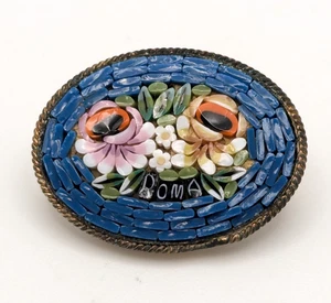 Vintage Italienische Mikro Mosaik Blumen Brosche Anstecknadel Oval Messing Ton Art Deco - Bild 1 von 11