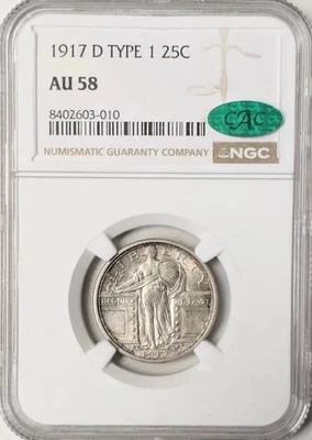 1917 D Standing Liberty Quarter NGC AU-58 T1 CAC - Image 1 of 2