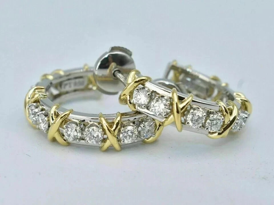 14k Two Tone Gold Plated Women's 1Ct Half Hoop Earrings Round Simulated Diamond - Image 1 of 4