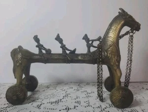 Brass Horse Temple Toy, Pull Toy, Horse w/ 3 Riders, Antique, India - Picture 1 of 23