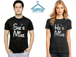 She is Mine He is Mine Cartoon LETTER Couple Tshirt Cartoon Couple Tee Shirts - Picture 1 of 4