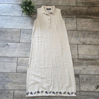 Sag Harbor Tan & Leaf Embroidery Collared Sleeveless Linen Lagenlook Dress, 8 - Image 1 of 4