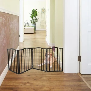 Dog Gate Fits Doorways, Stairs - Freestanding Folding Brown Arc Wooden - Picture 1 of 9