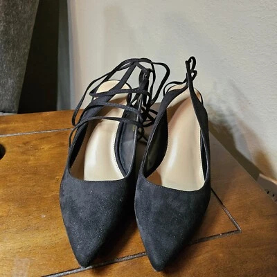 女式系带黑色麂皮绒尖头高跟鞋踝包全新带盒 10 码无品牌 — 第 1/4 张图片