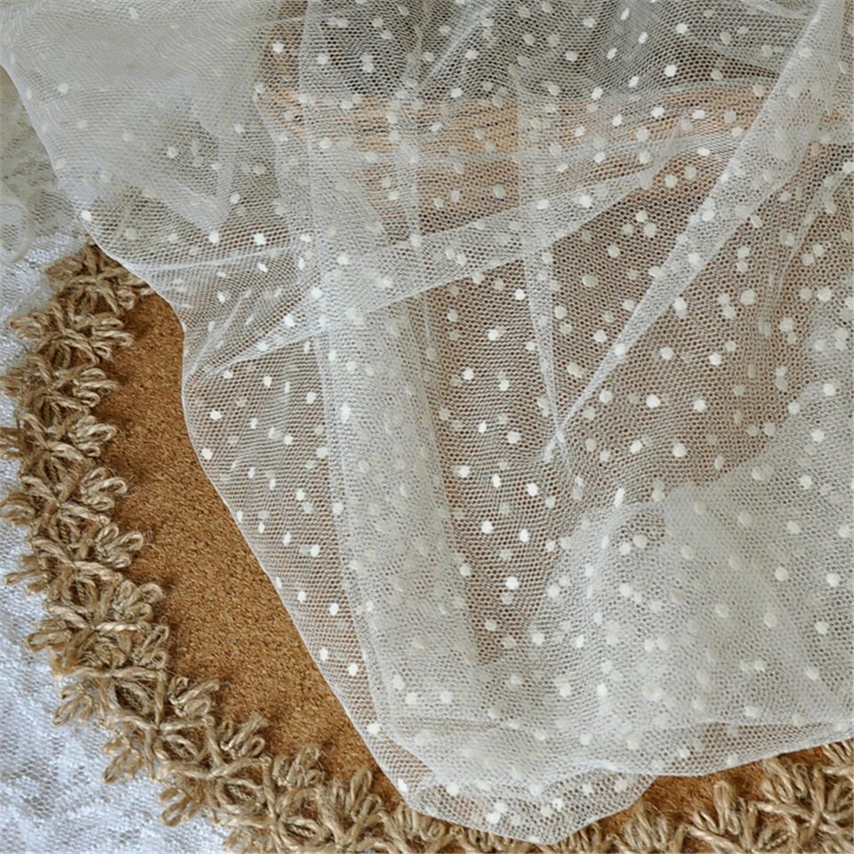 Lace Fabric Beige Tulle Flocked Dots Fabric DIY Skirt Bridal Veil 59'' Width 1yd - Image 1 of 1