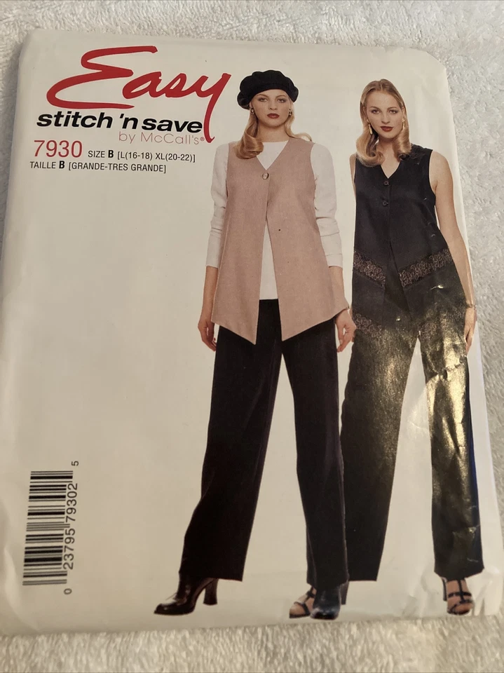 Stitch n Save Easy Pattern 7930 Mccalls Size 16-22 Unlined Vest Top Pants Uncut - Image 1 of 2